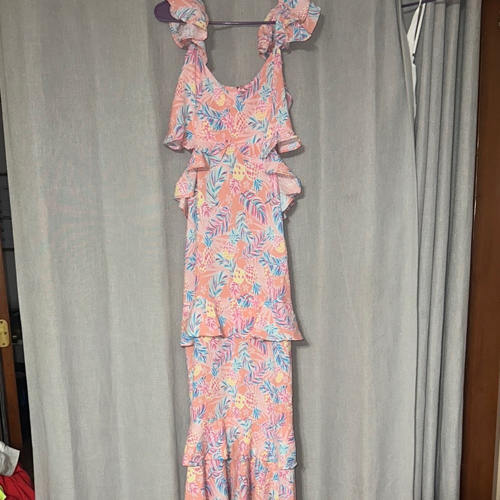SS Tropical Print Ruffle Maxi Dress LARGE